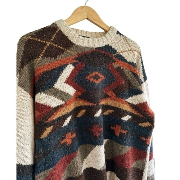 Vintage Etchings Mens Sz L Brown Blue Tan Crewneck Knit Wool Blend Sweater - Picture 2 of 8